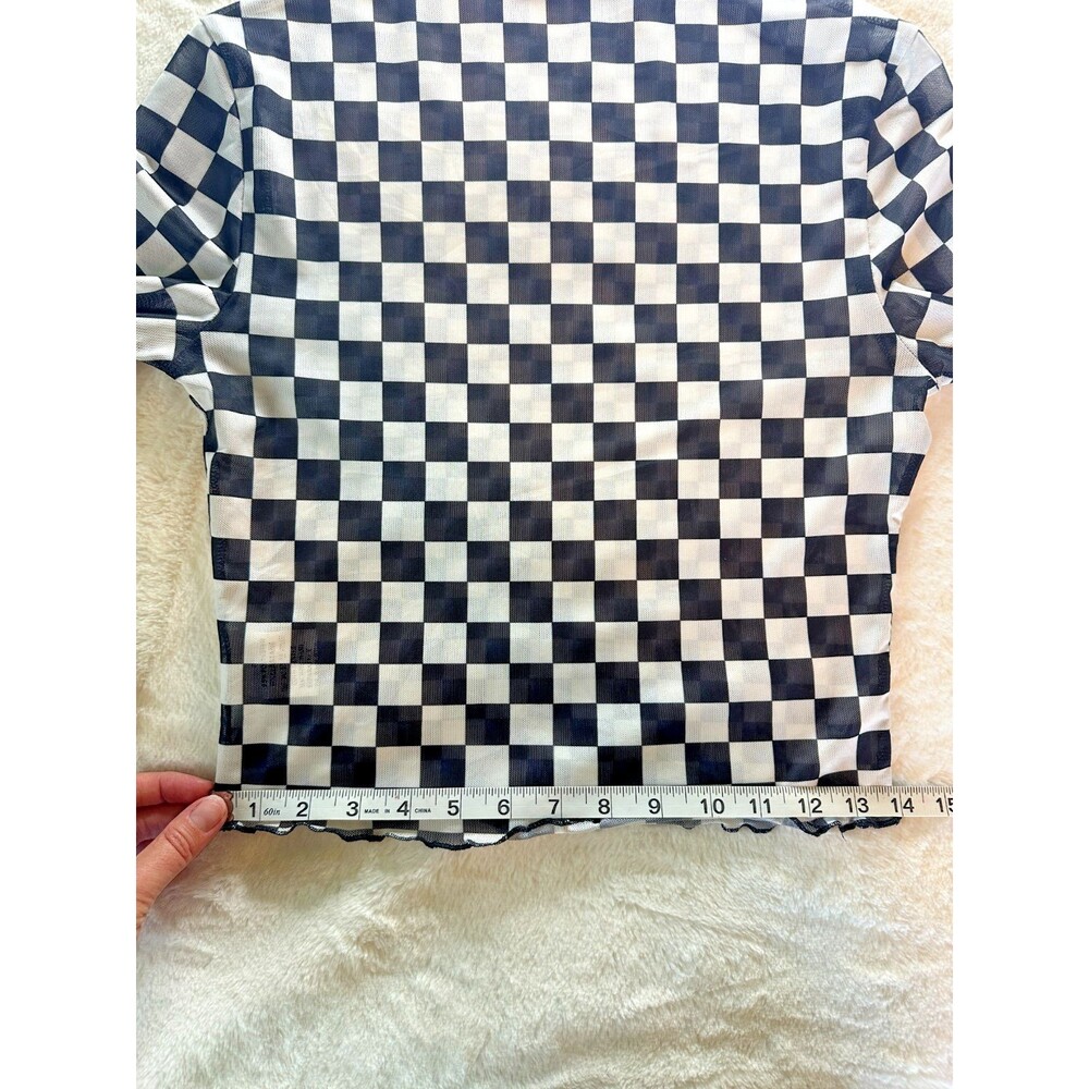 Black & white checkered women's sheer mock neck long sleeve crop top - Picture 6 of 6
